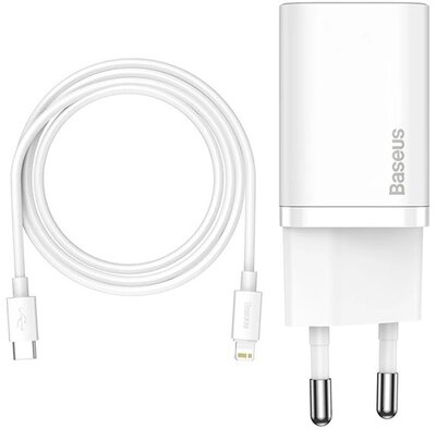 Baseus - Super Si hálózati gyorstöltő 20W, USB Type-C, fehér + 20W USB Type-C - iPhone 1m kábel - TZCCSUP-B02