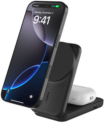 Belkin - UltraCharge 2 az 1-ben összecsukható mágneses töltő Qi2-vel 25W, fekete, négyzet alakú - WIZ038KQBK