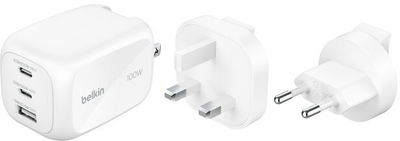 Belkin - BoostCharge Pro 3 portos GaN fali töltő 100 W + utazó adapter készlet - WCH016HQWH