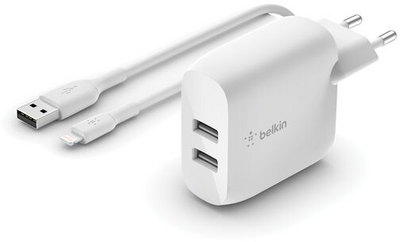 Belkin - BoostCharge Belkin kettős USB-A töltő (24W) és 1m Lightning/USB-A kábel - WCD001VF1MWH
