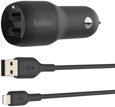 Belkin - BoostCharge Kettős USB-A autós töltő 24W + USB-A - Lightning kábel - CCD001BT1MBK