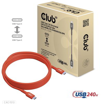 Club 3D - USB-C® USB-IF Certified Cable, Data 480Mb, PD 240W(48V/5A) EPR M/M 3m/9.84ft - CAC-1513