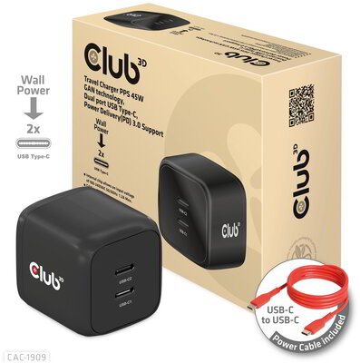 Club 3D - Travel Charger PPS 45W GAN technology, Dual port USB -C®, Power Delivery(PD) 3.0 Support - CAC-1909EU