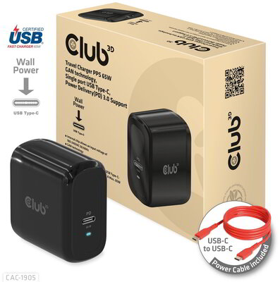 Club 3D - Travel Charger PPS 65W GAN technology, Single port USB -C®, Power Delivery(PD) 3.0 Support - CAC-1905EU
