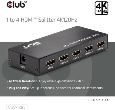Club 3D - 1 to 4 HDMI™ Splitter 4K120Hz - CSV-1385