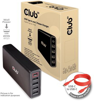 Club 3D - USB A and C Power Charger, 5 ports up to 111W - CAC-1903EU