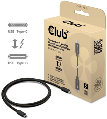 Club 3D - Thunderbolt™ 5 Certified 8K240Hz Data 80/120 Gbps EPR 240 Watt Cable M/M 1m / 3.28ft - CAC-2501