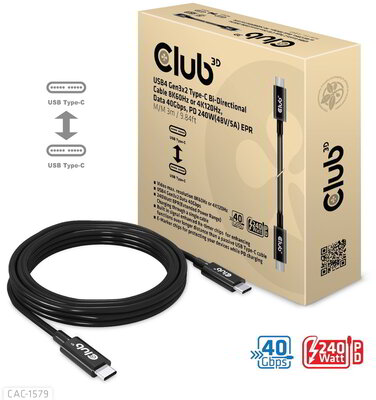Club 3D - USB-C® 40Gbps Cable 8K60Hz or 4K120Hz, PD 240W(48V/5A) EPR M/M 3m / 9.84ft - CAC-1579