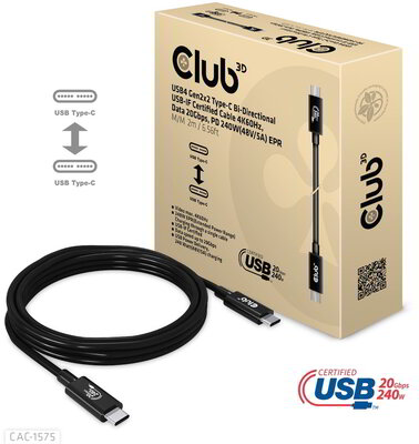 Club 3D - USB-C® 20Gbps USB-IF Certified Cable 4K60Hz, PD 240W(48V/5A) EPR M/M 2m/6.56ft - CAC-1575