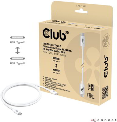 Club 3D - USB-C® 80Gbps Certified 240W 8K240Hz 1.2m / 3.94ft White Cable - CAC-1572