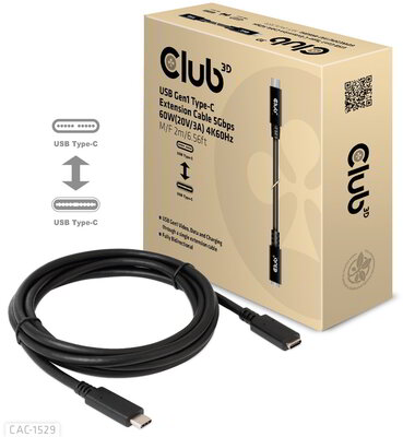 Club 3D - USB-C® Extension Cable 5Gbps 60W(20V/3A) 4K60Hz M/F 2m/6.56ft - CAC-1529