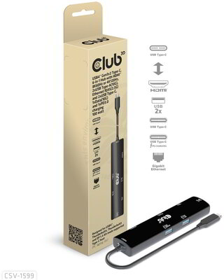 Club 3D - USB-C®10Gbps, 6-in-1 Hub with HDMI™ 8K60Hz or 4K120Hz, 2xUSB Type-A(10G), Ethernet RJ45(2.5G) and 2xUSB-C®, 1x Data(10G) and 1xPD3.0 charging 100 watt - CSV-1599