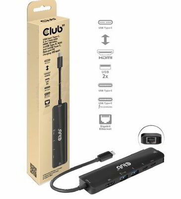 Club 3D - USB-C®5Gbps 6-in-1 Hub with HDMI™ 8K30Hz-4K120Hz, 2xUSB Type-A, RJ45 and 2xUSB-C®, Data and PD charging 100 watt - CSV-1596