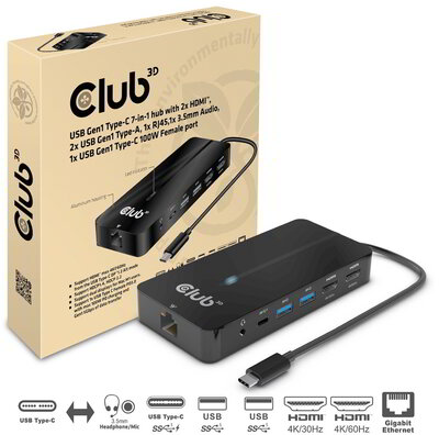 Club 3D - USB-C®5Gbps 7-in-1 hub with 2x HDMI™, 2x USB-A 5Gbps, 1x RJ45, 1x 3.5mm Audio, 1x USB-C® 5Gbps 100W Female port - CSV-1595