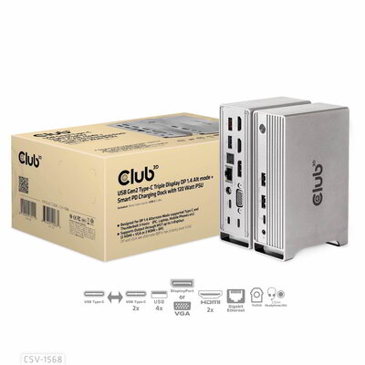 Club 3D - USB-C®10Gbps Triple Display DP 1.4 Alt mode Smart PD Charging Dock with 120 Watt PSU - CSV-1568