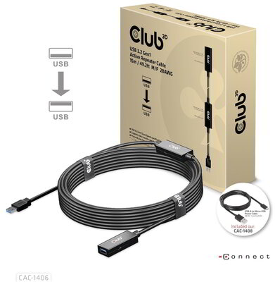 Club 3D - USB-A 5Gbps Active Repeater Cable 15m/ 49.2 ft M/F 28AWG - CAC-1406