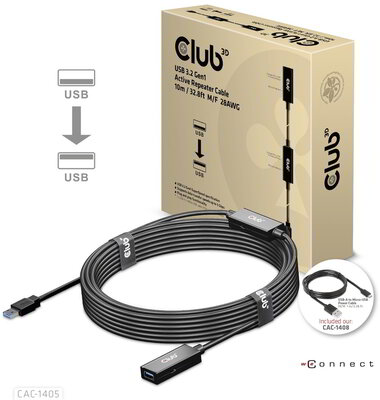 Club 3D - USB-A 5Gbps Active Repeater Cable 10m / 32.8ft M/F 28AWG - CAC-1405