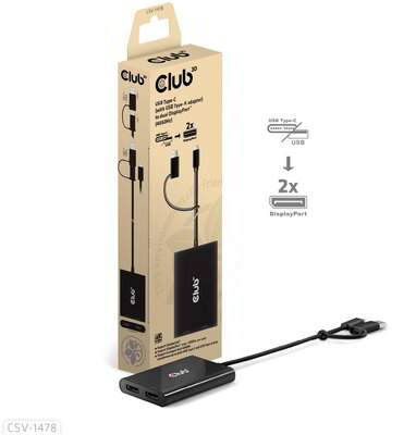 Club 3D - USB-C® (with USB -A adapter) to dual Displayport™(4K60Hz) Video Splitter - CSV-1478