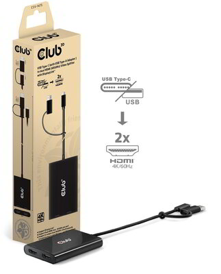 Club 3D - USB-C® (with USB-A Adapter) to dual HDMI™ (4K60Hz) Video Splitter with DisplayLink® - CSV-1475