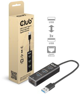 Club 3D - USB-A 5Gbps 3 Ports Hub Gigabit Ethernet - CSV-1430A