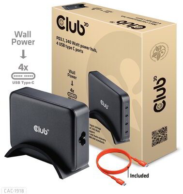 Club 3D - Travel Charger 240 Watt GaN technology, Four port USB Type- C, Power Delivery(PD) 3.1 and PPS Support - CAC-1918