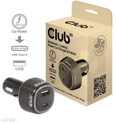 Club 3D - Notebook / Laptop Power Car Charger 63 Watt - CAC-1922