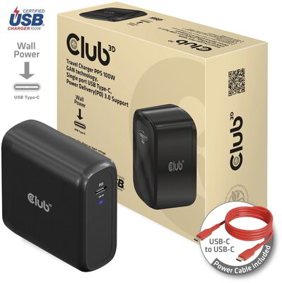 Club 3D - Travel Charger 100 Watt GAN technology, USB-IF TID certified, Single port USB -C®, Power Delivery(PD) 3.0 Support EU - CAC-1908EU