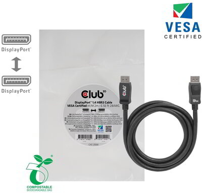 Club 3D - DisplayPort™ 1.4 HBR3 Cable Male/Male 2m/6.56ft 28AWG - CAC-2068