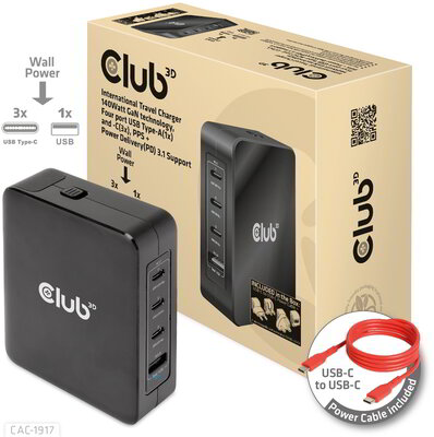 Club 3D - International Travel Charger 140W GaN technology, Four port USB Type-A(1x) and -C(3x), PPS + Power Delivery(PD) 3.1 Support - CAC-1917