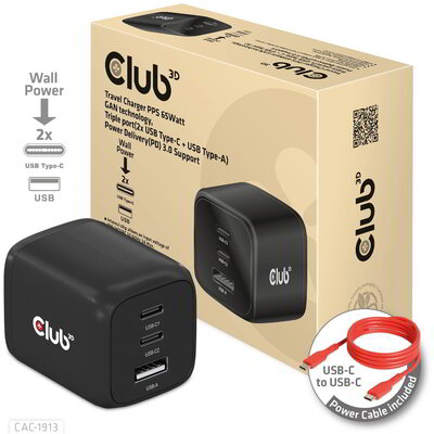 Club 3D - Travel Charger PPS 65Watt GAN technology, Triple port (2x USB -C® + USB -A) Power Delivery(PD) 3.0 Support EU - CAC-1913EU