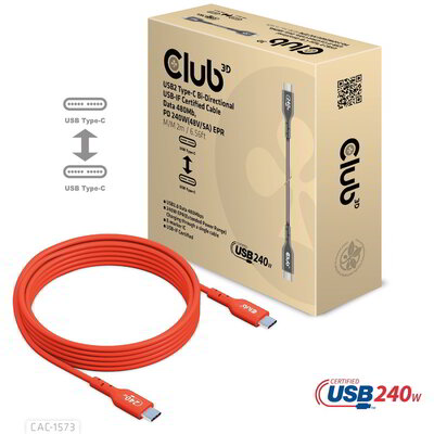 Club 3D - USB-C® USB-IF Certified Cable, Data 480Mb, PD 240W(48V/5A) EPR M/M 2m/6.56ft - CAC-1573