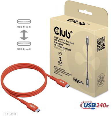 Club 3D - USB-C® to USB-C® USB-IF Certified Cable, Data 480Mb, PD 240W(48V/5A) EPR M/M 1m/3.23ft - CAC-1511