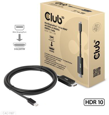 Club 3D - MiniDisplayPort™ 1.4 to HDMI™ 4K120Hz or 8K60Hz HDR10+ Cable M/M 1.8m / 6ft - CAC-1187