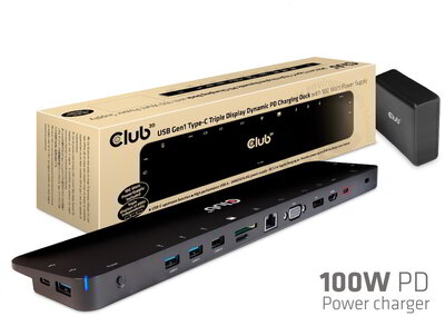 Club 3D - USB-C®5Gbps Triple Display Dynamic PD Charging Dock 100W PD Power charger - CSV-1564W100