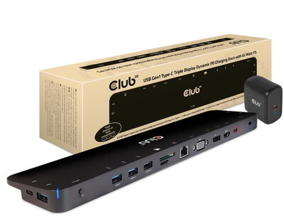 Club 3D - USB-C®5Gbps Triple Display Dynamic PD Charging Dock with 65 Watt PS - CSV-1564W65