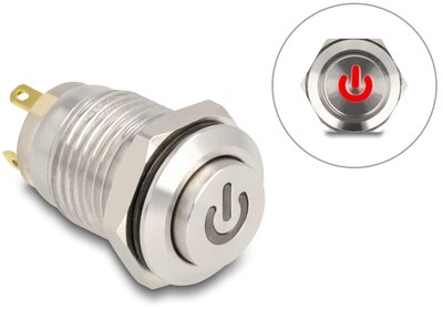 Delock - Nyomógomb beszereléshez 12 mm 4 x forrasztási csatlakozó LED piros bekapcsolási szimbólum időszakos - 20981