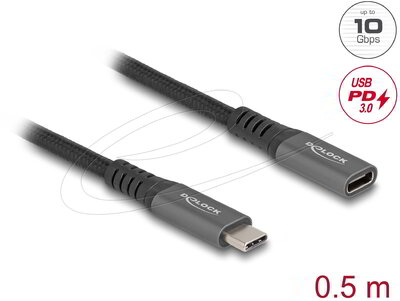 Delock - USB 10 Gbps bővítő kábel USB Type-C™ apa - anya PD 3.0 100 W 0,5 m szürke fém - 80021