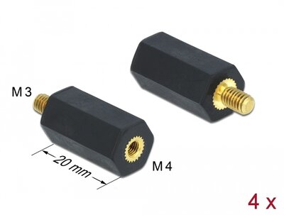 Delock - Távtartó M4 - M3, hatszögletű, belső menetes / külső menetes, 20 mm-es, természetes fekete 4 db - 60242