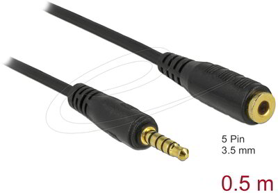 Delock - 5 tűs apa-anya sztereó jack hosszabbító kábel 3,5 mm-es átmérő, 0,5 m hosszú fekete - 85700