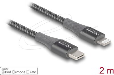 Delock - Adat- és töltőkábel USB Type-C™ - Lightning™ iPhone™, iPad™ és iPod™ készülékhez szürke 2 m MFi - 86632
