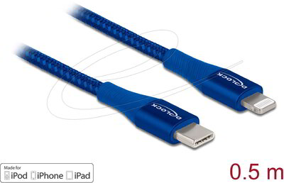 Delock - Adat- és töltőkábel USB Type-C™ - Lightning™ iPhone™, iPad™ és iPod™ készülékhez kék 0,5 m MFi - 85415