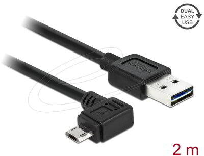 Delock - Kábel, EASY-USB 2.0-s A-típusú csatlakozódugó > EASY-USB 2.0-s Micro-B típusú csatlakozódugó, ívelt bal / jobb, 2 m, fekete - 83853