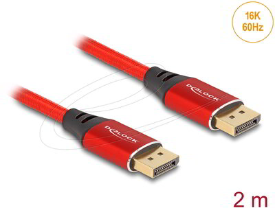 Delock - DisplayPort kábel 16K 60 Hz 2 m piros fém - 80632