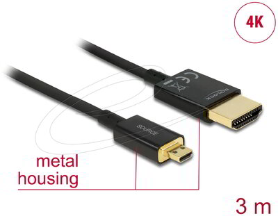 DELOCK - Nagysebességű HDMI-kábel Ethernettel - HDMI-A-csatlakozódugó > HDMI Micro-D-csatlakozódugó, 3D, 4K, 3 m, aktív, vékony, prémium minőség - 84784
