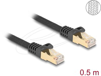 Delock - RJ45 hálózati kábel fonott borítással Cat.6A S/FTP apa - apa 0,5 m fekete - 80316