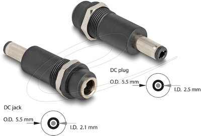 Delock - Adapter, DC 5,5 x 2,1 mm-csatlakozóhüvely, DC 5,5 x 2,5 mm méretű apa - 64255