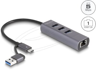 Delock - 3 portos USB 5 Gbps Hub + Gigabit LAN USB Type-C™ csatlakozóval vagy A-típusú USB csatlakozóval fém vázban - 64282