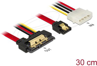 Delock - SATA-kábel, 6 Gb/s, 7 tűs csatlakozóhüvely + 4 tűs Molex-csatlakozódugó > 22 tűs SATA-csatlakozóhüvely, egyenes, fém, 30 cm - 85230