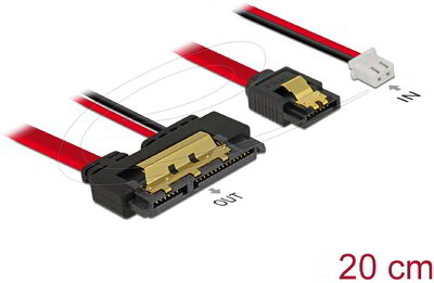 Delock - SATA-kábel, 6 Gb/s, 7 tűs csatlakozóhüvely + 2 tűs csatlakozóhüvely > 22 tűs SATA-csatlakozóhüvely (5 V), fém, 20 cm - 85240