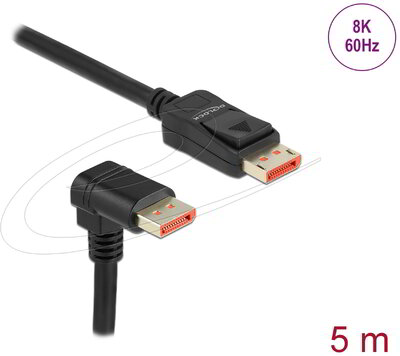 Delock - DisplayPort kábel, egyenes apa-apa, 90° lefelé szögelt, 8K 60 Hz, 5 m - 87053
